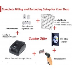 Combo Receipt Printer + Barcode Scanner + QuickBarcode CPP Billing & Accounting Software + Thermal Rolls + A4 Label Sheets