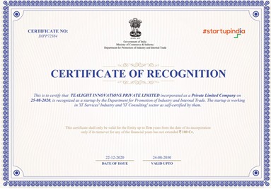 Recognized Startup By Department For Promotion Of Industry & Internal Trade, Ministry Of Commerce & 